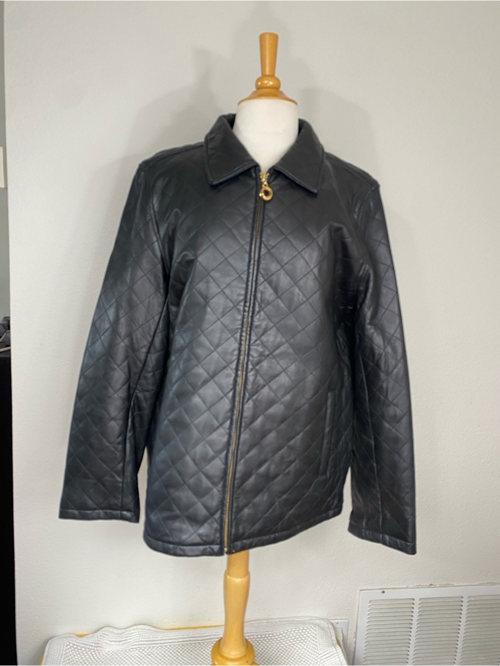 Misty Harbor Womens Black Quilted Leather Zip Collared Jacket XL Classic Retro